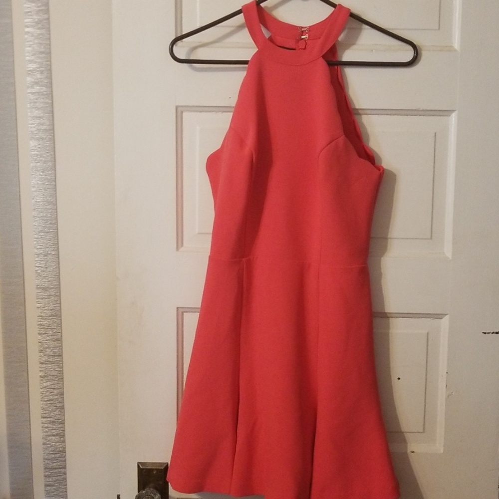 bebe Coral Scallop Open Back Flare Dress